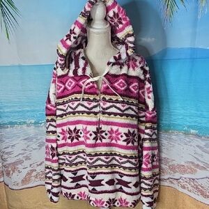 Arizona Jean Company Pink and White Patterned Sherpa 1/4 Zip Hoodie In XXXL